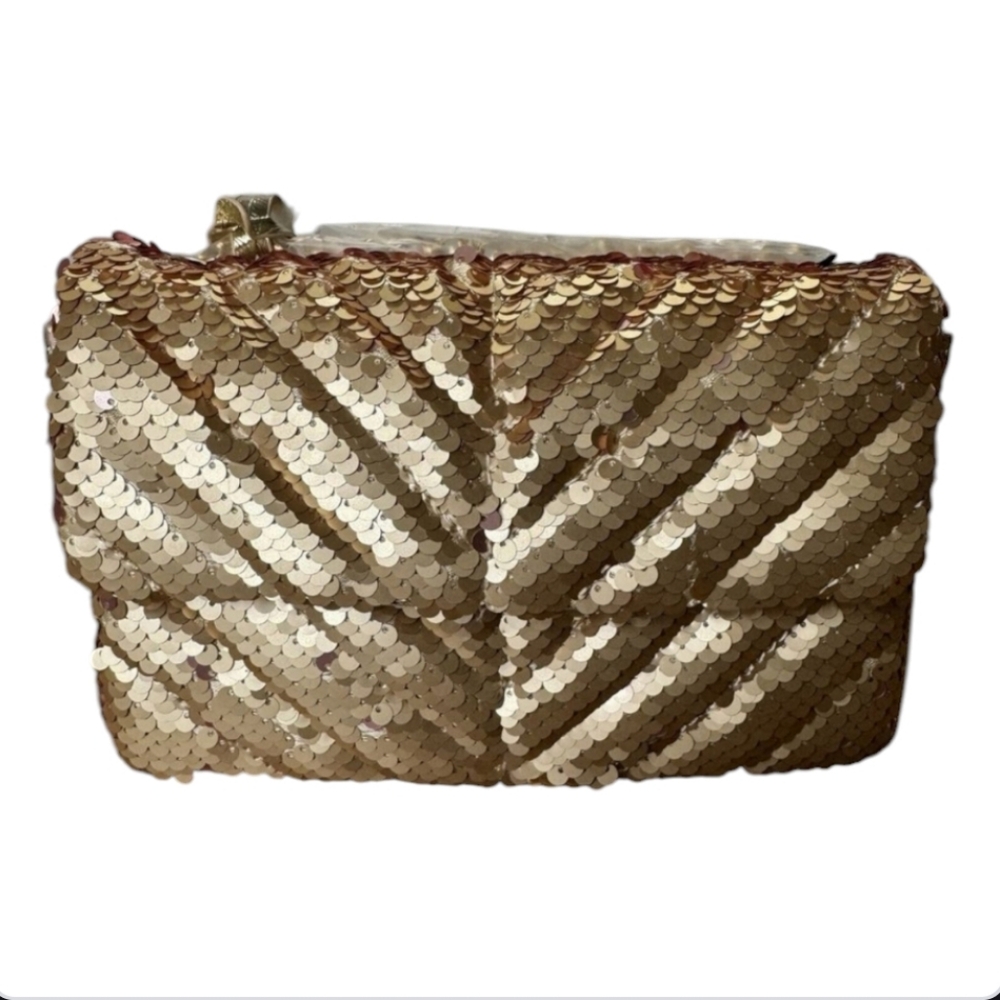 NWT Nicole Miller Evening Gold Sequin Chain Strap Crossbody Bag Clutch